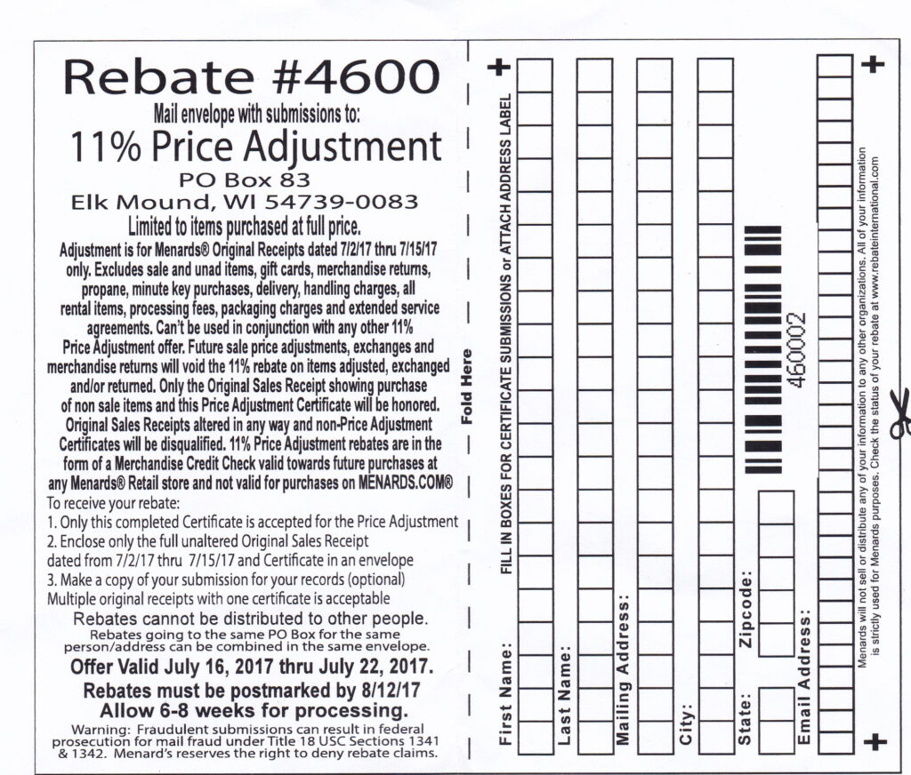 Menards Price Adjustment Rebate Form June 2024