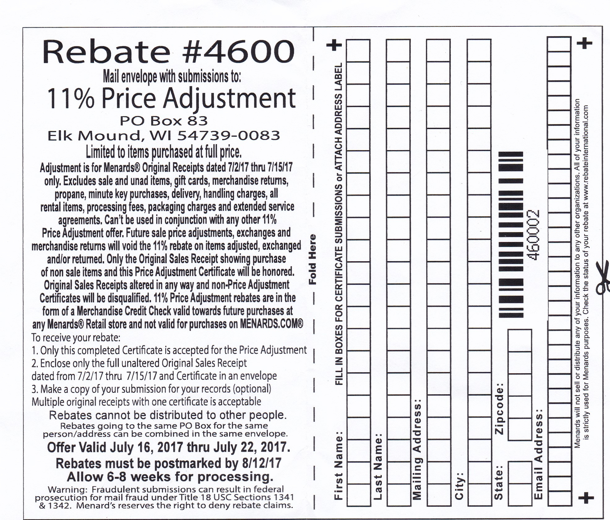 Menards Rebate Form Mailing Address