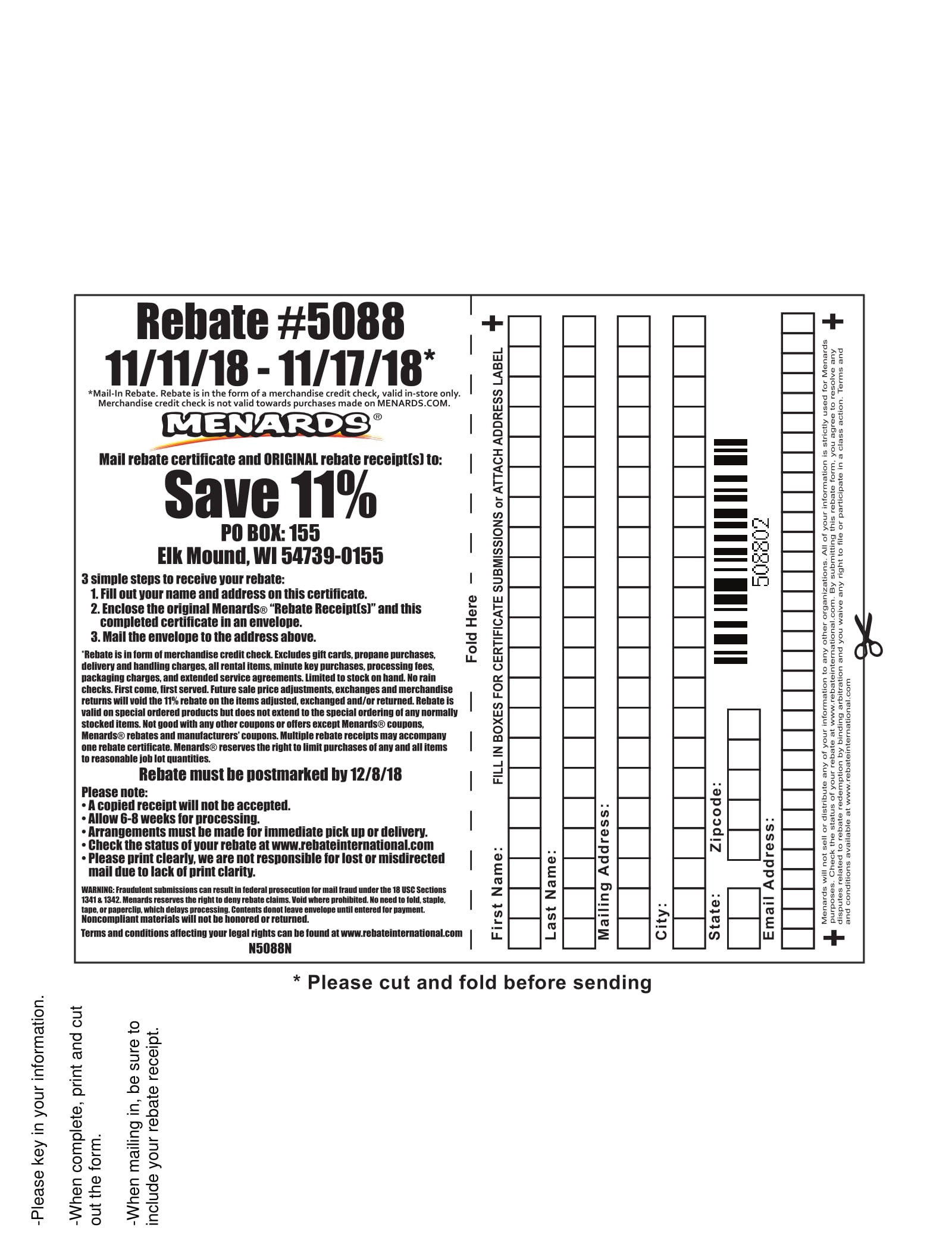 Menards Rebate Redemption Form 5088